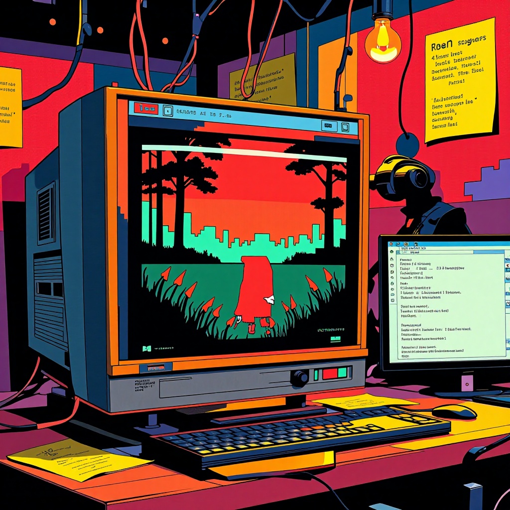 Écran CRT monochrome affichant une scène de *DOOM* pixelisée dans un bureau rétro éclairé par une ampoule nue. Sur le planche en bois, des câbles dénudés et des notes manuscrites sur papier jauni évoquent un ordinateur des années 80. Un éditeur de texte ouvert à l’écran semble fusionner avec les motifs lumineux du tube cathodique. ---