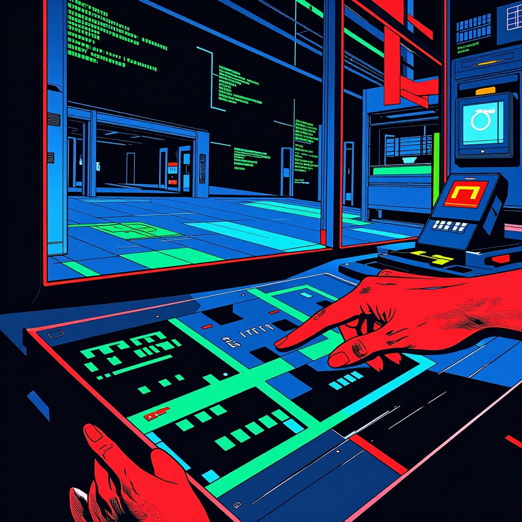 DOOM en expressions régulières : quand les regexes deviennent un moteur de jeu — image3 Panneau de contrôle minimaliste aux néons bleus et verts formant des grilles pixelisées évoquant les sprites de *DOOM* et des règles de regex. Un doigt suspendu au-dessus d’une surface tactile semble sur le point de déclencher une nouvelle mise à jour du cadre. En arrière-plan, une salle serveur vide avec des projections holographiques de code flottant dans l’air. ---