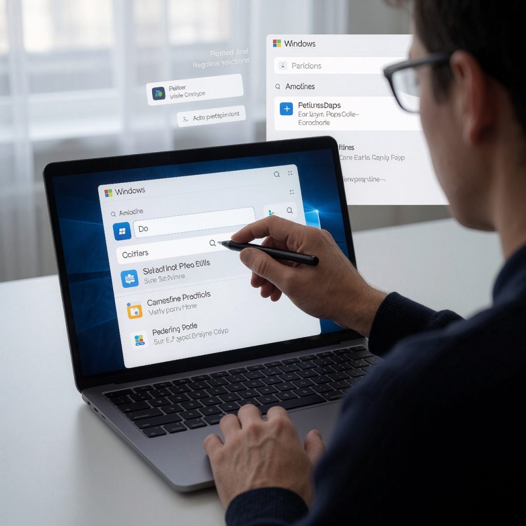 Une personne en 2026 tapant deux caractères dans la barre de recherche Windows, qui affiche instantanément des résultats pertinents malgré les fautes. Un écran secondaire montre des paramètres optimisés par IA, avec une lumière douce mettant en valeur la fluidité et l’intelligence contextuelle. ---