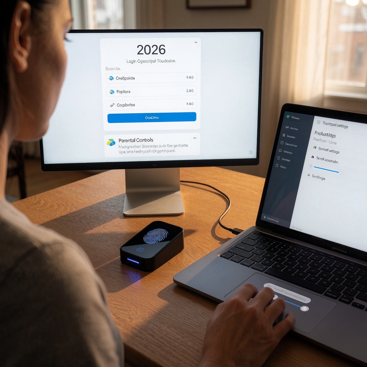 Windows 11 août 2026 : les améliorations majeures et leurs limites — image3 Un espace de travail domestique en 2026 sous une lumière chaleureuse : l’écran de connexion affiche clairement les abonnements et l’utilisation du stockage OneDrive. Un lecteur d’empreintes digitales externe active une protection biométrique renforcée, tandis qu’un pavé tactile est personnalisé pour un défilement accéléré. Les détails subtils soulignent la sécurité et l’adaptabilité. ---