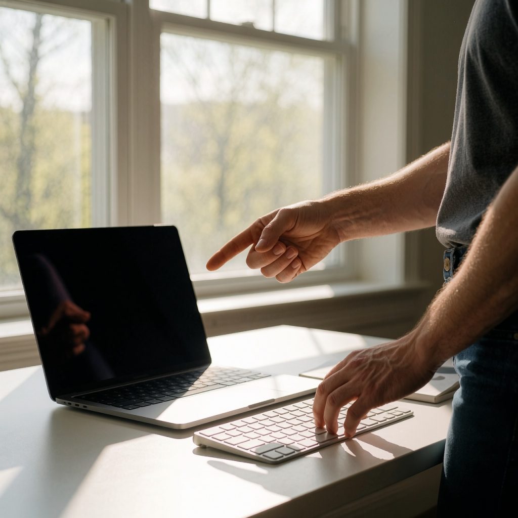 Une personne en 2026 devant une grande fenêtre éclairée par la lumière naturelle, symbolisant l’arrivée progressive des nouvelles fonctionnalités. Elle pointe vers son ordinateur ouvert sur un bureau épuré, illustrant à la fois l’enthousiasme et les attentes prudentes face aux améliorations. ---