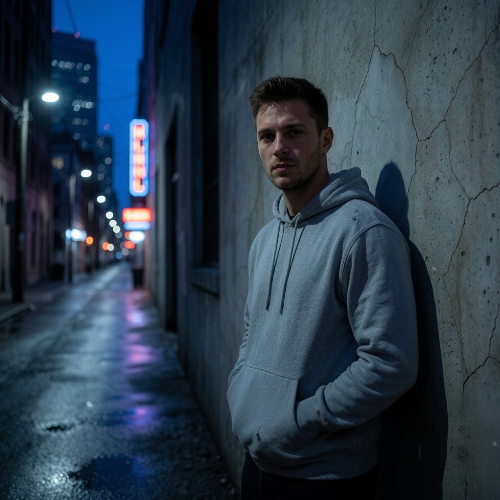 Un homme debout dans une ruelle urbaine la nuit, éclairé par des néons bleutés, les mains dans les poches d’un hoodie usé. Son regard fixe l'objectif avec détermination malgré un environnement qui suggère une injustice. ---