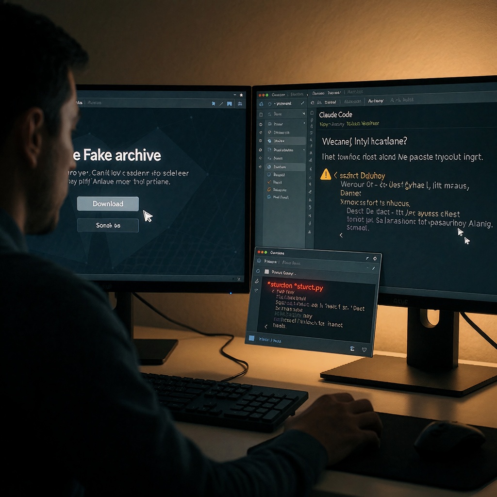 Un chercheur en cybersécurité dans un laboratoire faiblement éclairé, devant deux écrans : l’un affichant une fausse archive web avec un bouton
