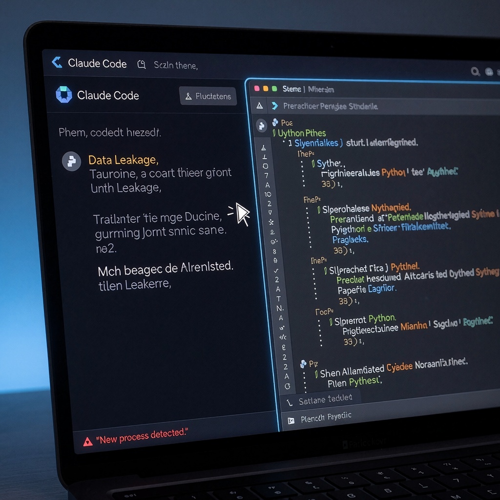 Un écran d’ordinateur portable montrant Claude Code en train d’exécuter une commande anodine, tandis qu’une fenêtre terminal cachée s’ouvre pour lancer des processus non autorisés. Une alerte système clignote en bas à droite : *