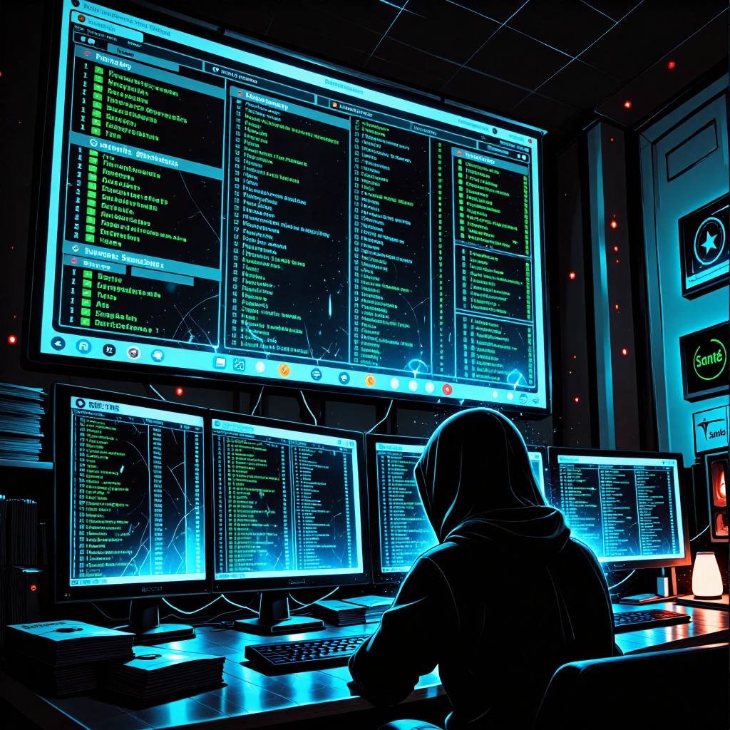 Un centre de contrôle cyber en lumière bleutée montrant un écran piraté avec des données professionnelles exposées. Une silhouette près d’un clavier manipule les accès administrateur, tandis qu’une lumière rouge clignote discrètement dans l’obscurité. ---