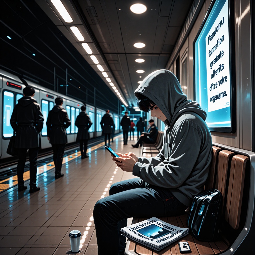 Cyberattaque contre Santé publique France : 80 000 identités professionnelles exposées — image3 Une gare déserte la nuit avec une personne concentrée sur un message personnalisé frauduleux, sous des néons vacillants et des ombres floues de voyageurs en arrière-plan. ---