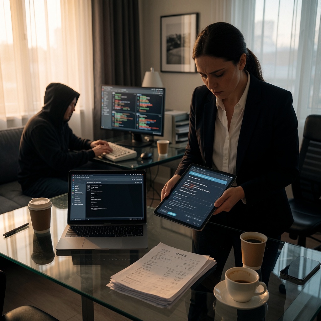 Un bureau professionnel éclairé par une lumière naturelle tamisée en fin de journée, où un employé frustré examine une tablette affichant des alertes de sécurité. Des dossiers et factures sont éparpillés sur le bureau, tandis qu’une silhouette floue, assise dans l’ombre d’un canapé, manipule des données volées sur un écran instable. ---