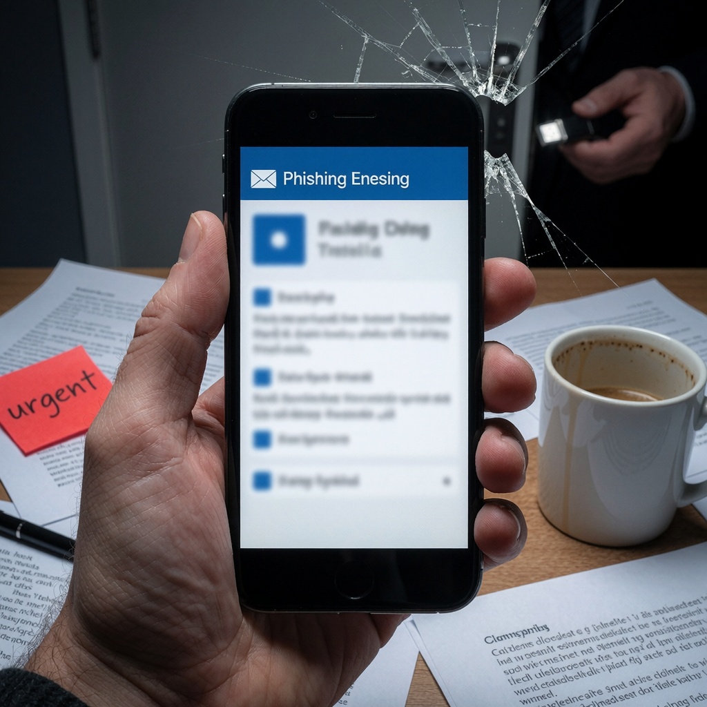 Une main tenant un smartphone affichant une alerte de phishing, devant un bureau encombré et une porte d’office entrouverte où une silhouette observe avec un lecteur USB suspect. ---