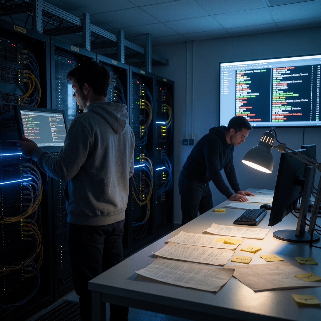 Cyberattaque contre Lenormant : 20 Go de données professionnelles exposées sur le dark web — image3 Une salle de serveurs plongée dans une lumière bleutée, où un technicien examine des codes d’erreur sur un terminal tandis qu’une autre personne fouille parmi des documents anciens et des notes urgentes. ---