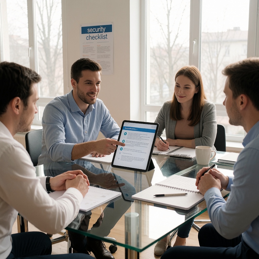 Un espace de travail moderne éclairé par la lumière naturelle, où une équipe discute autour d’une table en verre, examinant des mesures de sécurité et un tableau rappelant les bonnes pratiques. ---