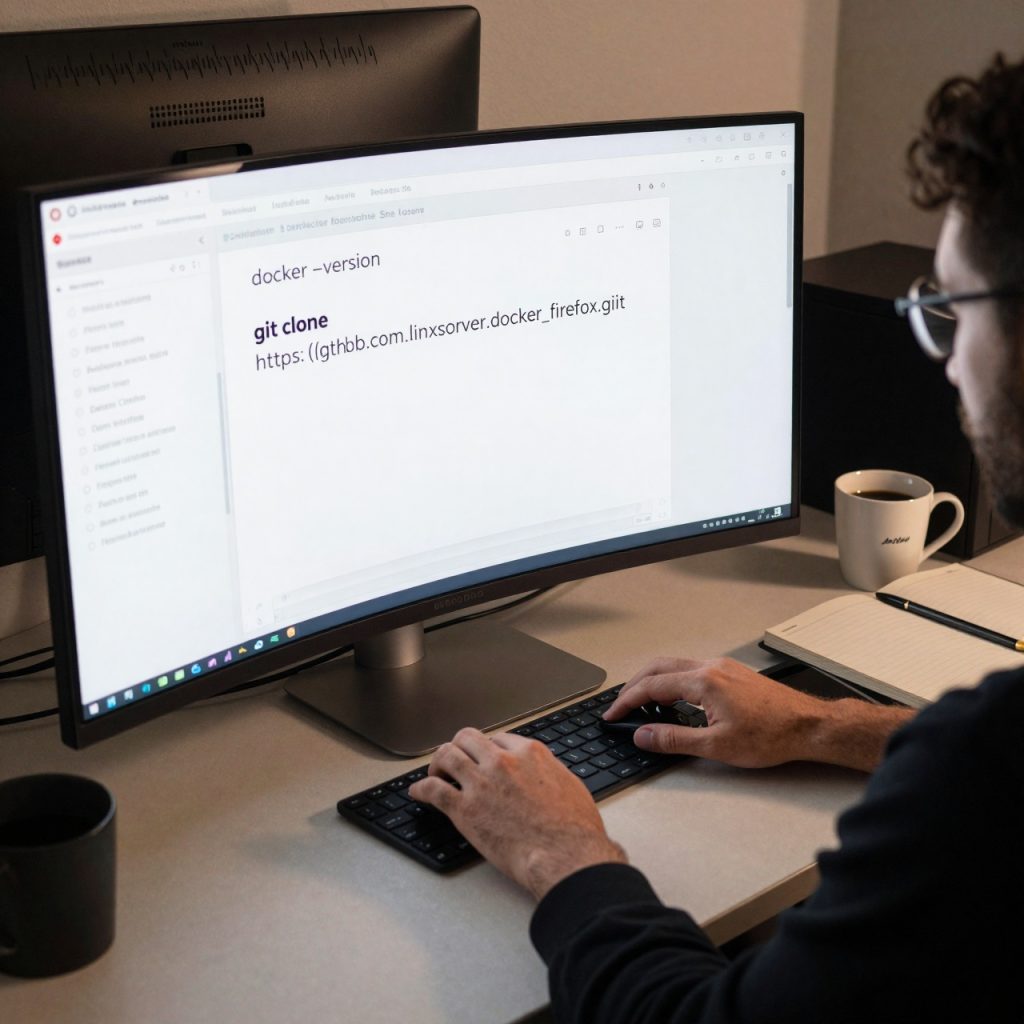 Un bureau Linux épuré avec un écran courbe affichant une session terminale en cours de clonage du dépôt Docker Firefox. L’éclairage doux met en valeur les touches tapées et le café à portée de main, symbolisant la préparation méthodique avant l’installation. ---