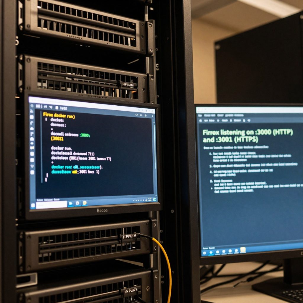 Un rack serveur Linux avec un conteneur Docker Firefox en cours d’exécution, affichant les ports 3000 et 3001 actifs. Un terminal vérifie le statut du conteneur :