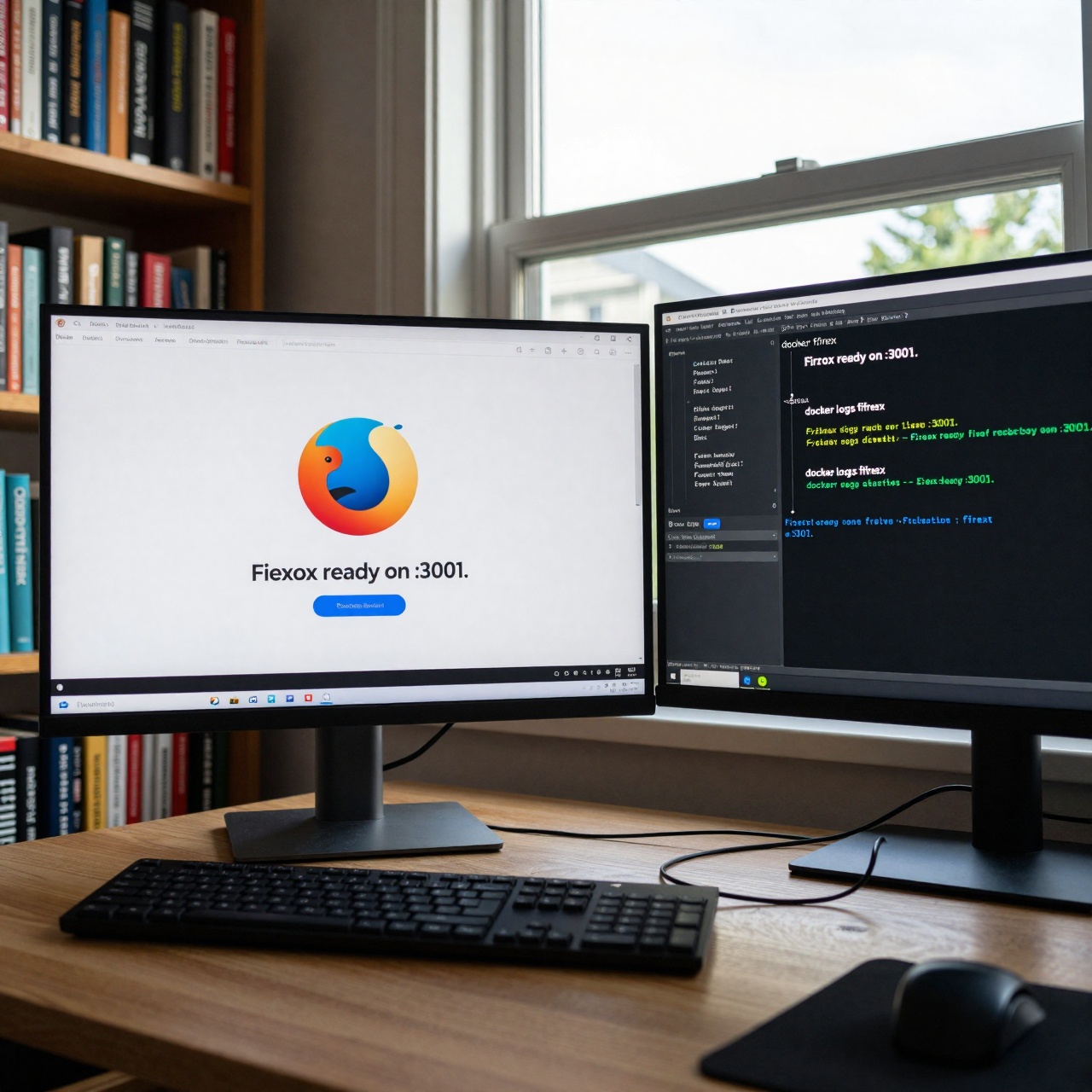 Installer et configurer Firefox sous Docker avec LinuxServer.io — image3 Un double écran dans un bureau à domicile : l’un montre Firefox accessible via une interface web avec des onglets ouverts, l’autre affiche les logs du conteneur sans erreurs. La lumière naturelle éclaire le poste de travail, soulignant la fluidité du fonctionnement. ---