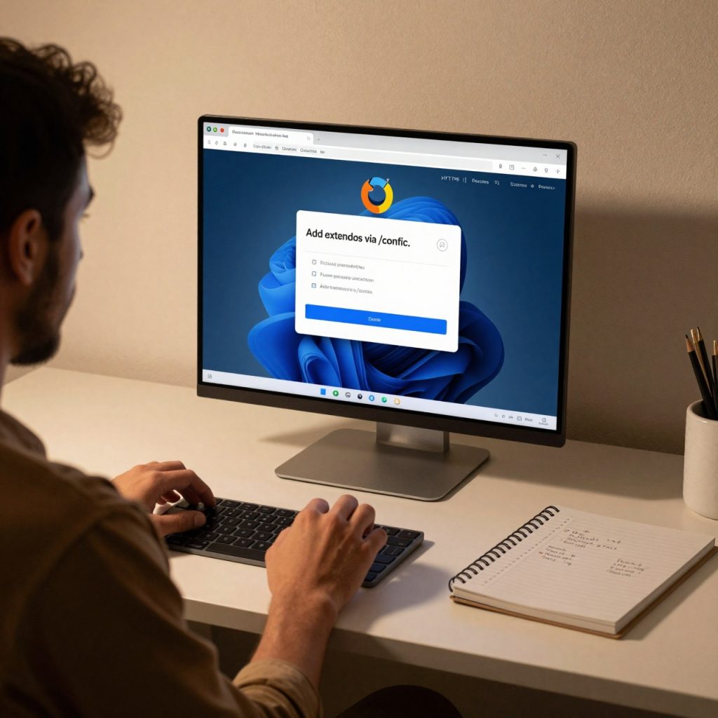 Une personne assise devant un bureau épuré ouvrant Firefox dans le conteneur depuis son navigateur local. L’écran montre une connexion sécurisée avec vérification HTTPS, et un carnet note des prochaines personnalisations. La lumière chaleureuse souligne la satisfaction du travail accompli. ---