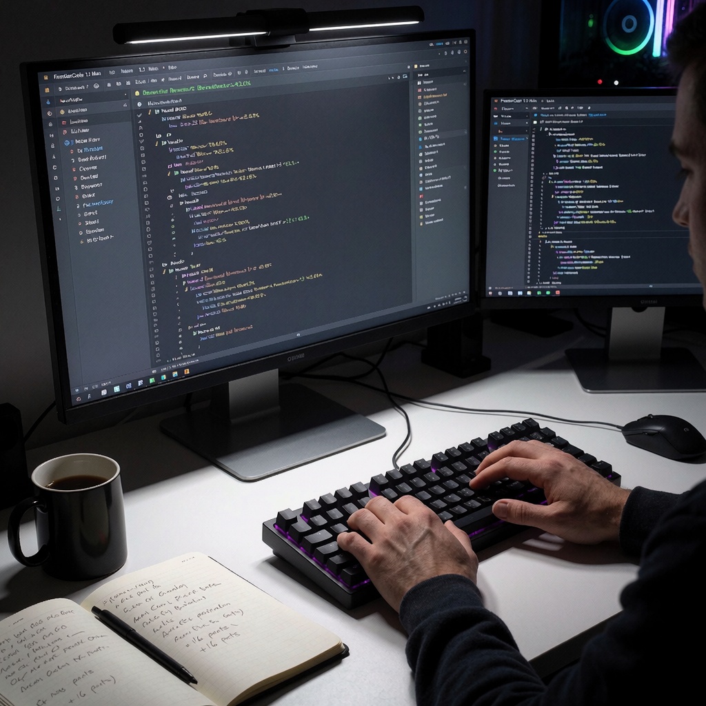 Mains d’un développeur tapant sur un clavier mécanique sous une lumière tamisée. Un écran affiche les résultats du benchmark