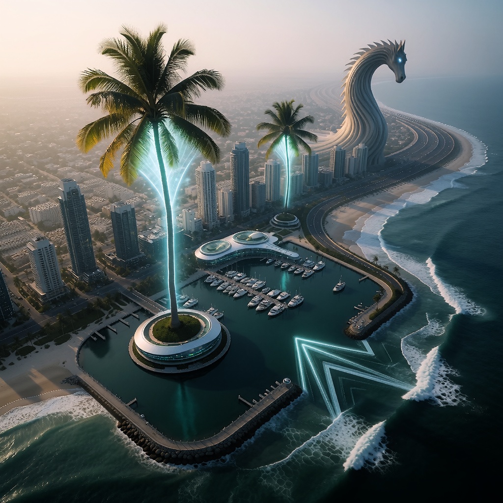 Vue aérienne d’une ville côtière où des éléments générés par IA altèrent subtilement la réalité : des palmiers flottants aux feuilles luminescentes illuminent une marina futuriste. Les vagues de l’océan forment des motifs géométriques impossibles, tandis qu’une autoroute lointaine se courbe comme une corne de licorne. Une brume douce accentue le contraste entre nature et fabrication onirique. ---