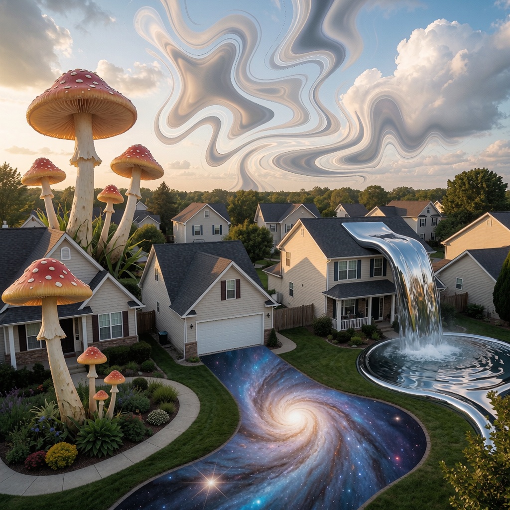 Google Earth : quand l’IA a transformé la planète en terrain de jeu géospatial chaotique — image3 Collage chaotique entre réalité et hallucination IA : un quartier résidentiel où chaque maison devient une fantaisie surréaliste. Une demeure arbore un jardin de champignons géants, une autre possède un allée en forme de galaxie tourbillonnante, et une troisième offre une cascade arrière-cour en métal liquide. Le ciel est un patchwork de nuages déformés, certains se dissolvant en formes abstraites, tandis que le sol semble légèrement tordu sous les pieds. Une lumière dorée du coucher accentue l’atmosphère onirique et troublante. ---