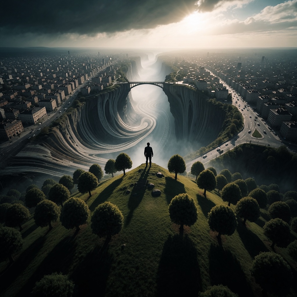Plan large d’une silhouette solitaire sur une colline dominant un paysage fracturé—mi-réel, mi-généré par IA. En premier plan, une forêt méticuleusement détaillée aux arbres parfaitement symétriques, tandis que l’arrière-plan se dissout en étalement urbain déformé : les bâtiments s’étirent de manière irréaliste, les routes se tordent comme de la cire fondue, et un pont flottant relie deux falaises impossibles. L’éclairage est dramatique et cinématographique, avec des contre-jours soulignant les ombres sur ce terrain à la fois fascinant et angoissant. ---