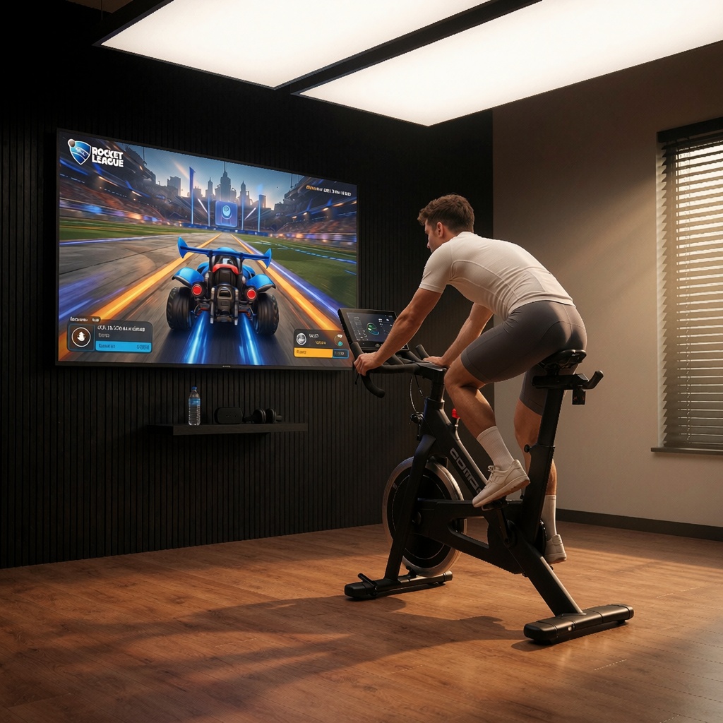 Un cycliste en salle de sport pédale intensément devant un écran géant affichant une course virtuelle, ses mouvements synchronisés avec le kart sur la piste. L’éclairage doux met en valeur l’engagement physique et l’immersion dans le jeu vidéo. ---
