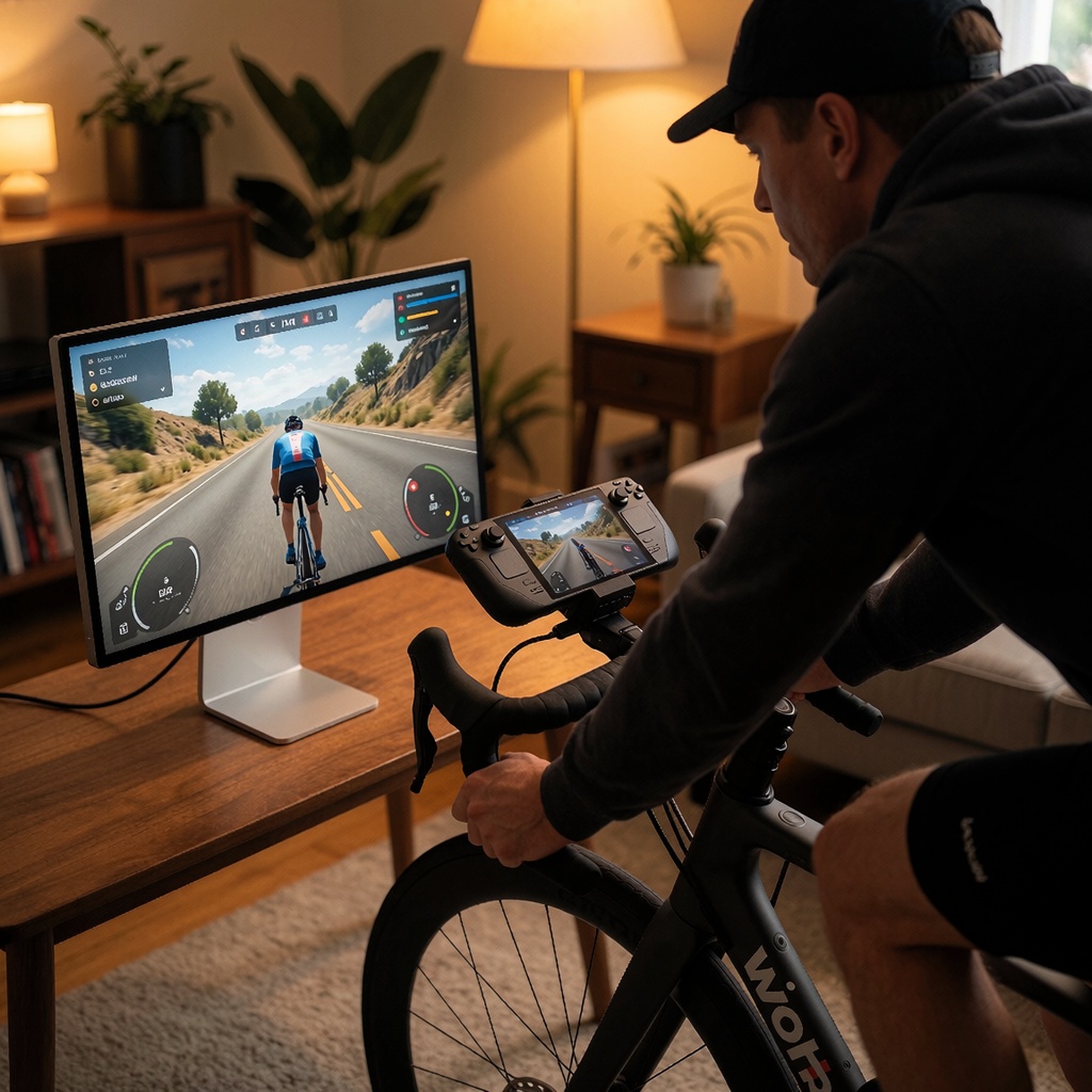 Un cycliste utilise son vélo d’appartement comme manette pour un jeu vidéo sur PC, le Steam Deck fixé à la potence du bike trainer. Les données de pédalage apparaissent en temps réel sur l’écran, illustrant la synchronisation entre effort physique et performance virtuelle. ---