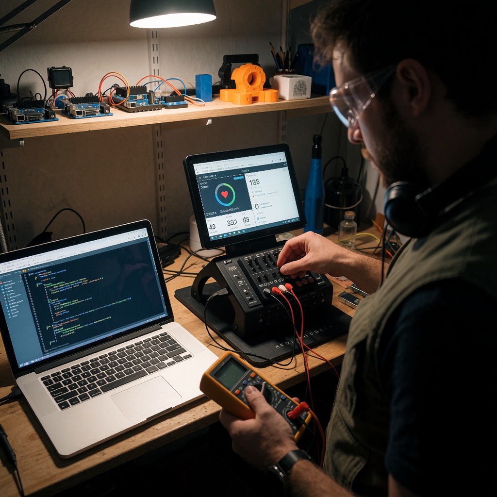 Transformez votre vélo en manette gaming : l’innovation DIY qui révolutionne le sport et les jeux vidéo — image3 Un bricoleur teste un logiciel de mapping pour relier son vélo à un jeu vidéo dans un atelier équipé d’outils et de composants électroniques. L’écran affiche des données en temps réel, tandis que les mains manipulent câbles et capteurs. ---
