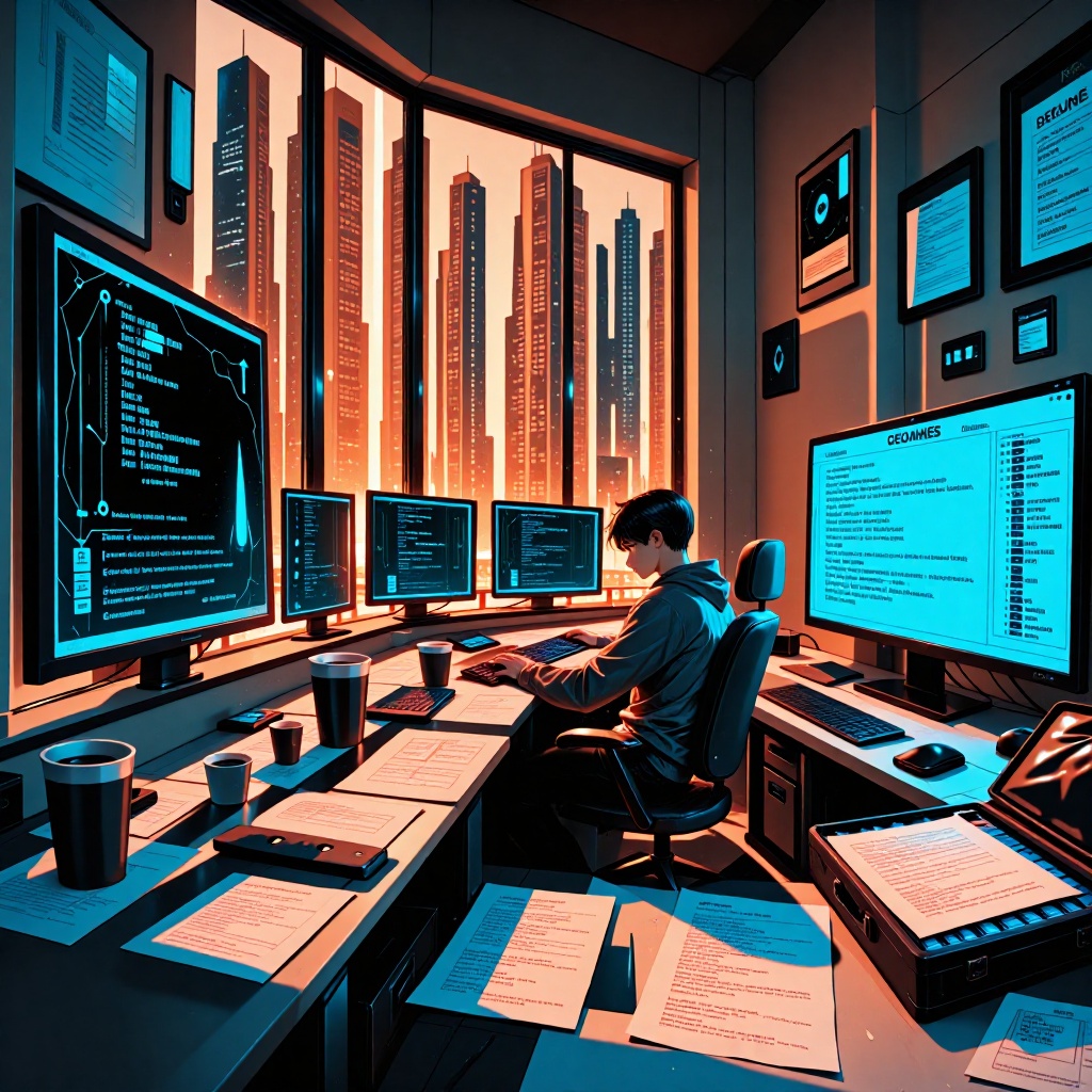 Bureau de cybersécurité plongé dans l’obscurité nocturne, éclairé par des écrans diffusant des logs d’erreurs et des données chiffrées. Une personne penchée sur un clavier, entourée de notes manuscrites sur les risques liés à la cryptographie, tandis qu’un briefcase ouvert laisse entrevoir des documents sensibles. En arrière-plan, l’éclairage tamisé révèle une ville sous la pluie et le murmure des serveurs en activité. ---