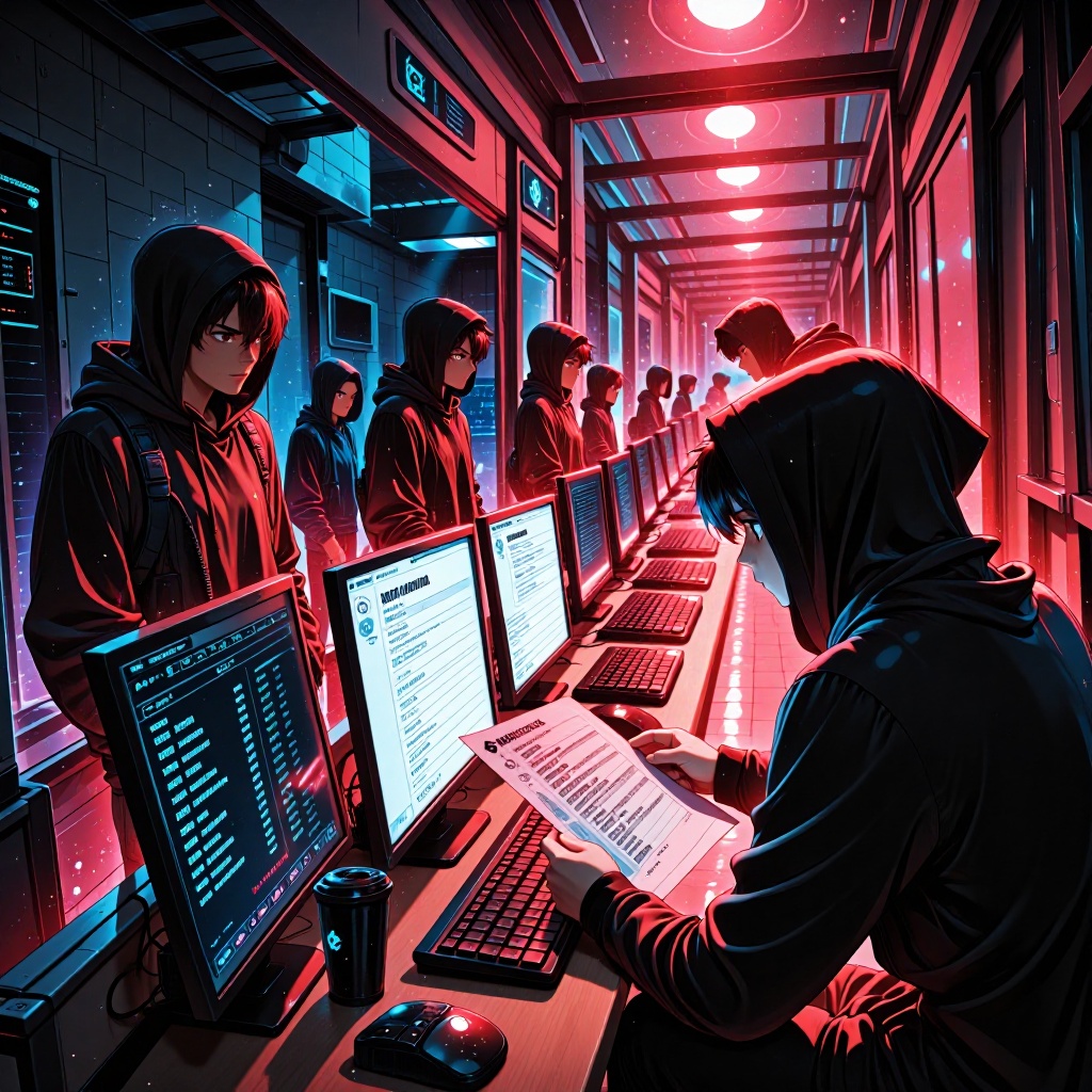 Fuite massive chez Klark.ai : 500 000 personnes exposées après un piratage de leurs données client — image3 Repaire clandestin de données volées dans une ruelle éclairée par des néons, vu à travers une vitre embuée. Une silhouette en capuche examine des écrans affichant mots de passe chiffrés et échanges client, tandis qu’un autre individu feuillette une liste d’IBANs imprimés sous un éclairage rougeâtre. L’ambiance mêle tension et activité frénétique dans ce marché noir numérique. ---