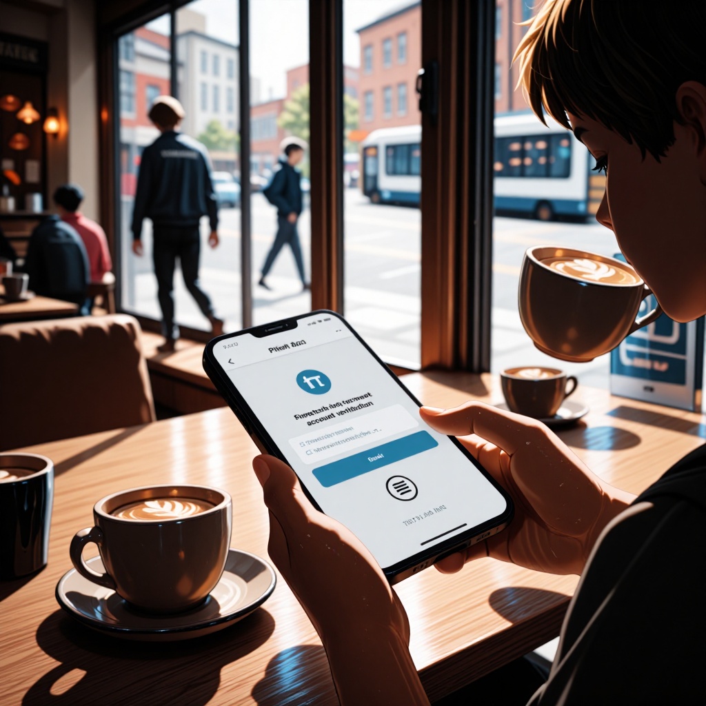 Café contemporain en heure de pointe, éclairé par la lumière naturelle filtrant à travers une grande fenêtre. Une personne assise à une table, fixant son smartphone qui affiche une alerte suspecte concernant sa banque, les doigts suspendus au-dessus de l’écran. L’ambiance chaleureuse contraste avec le doute visible sur son visage. ---