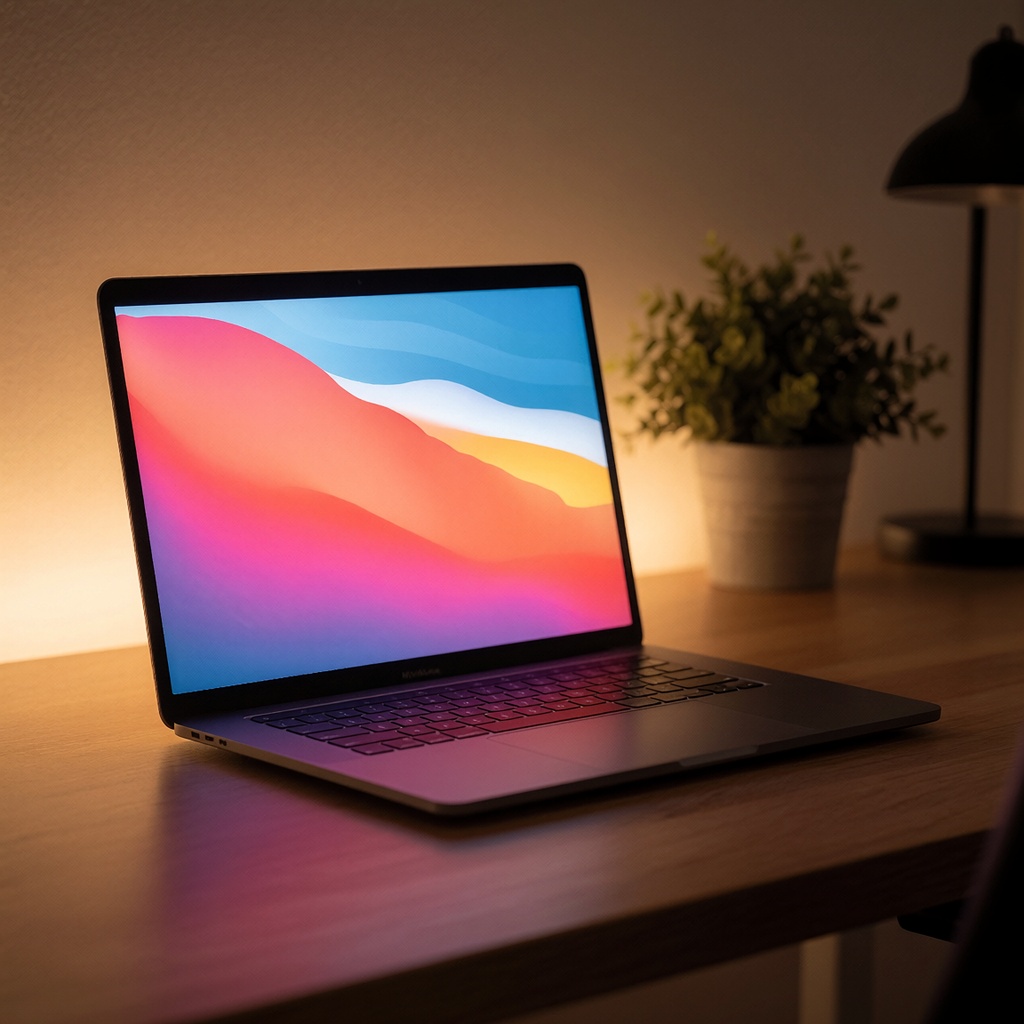 Un MacBook Pro (puce Apple Silicon) posé sur un bureau en bois clair dans un bureau moderne et épuré, éclairé par une lumière douce qui crée des reflets subtils. Une petite plante verte apporte une touche naturelle à l’ambiance professionnelle et optimiste. ---