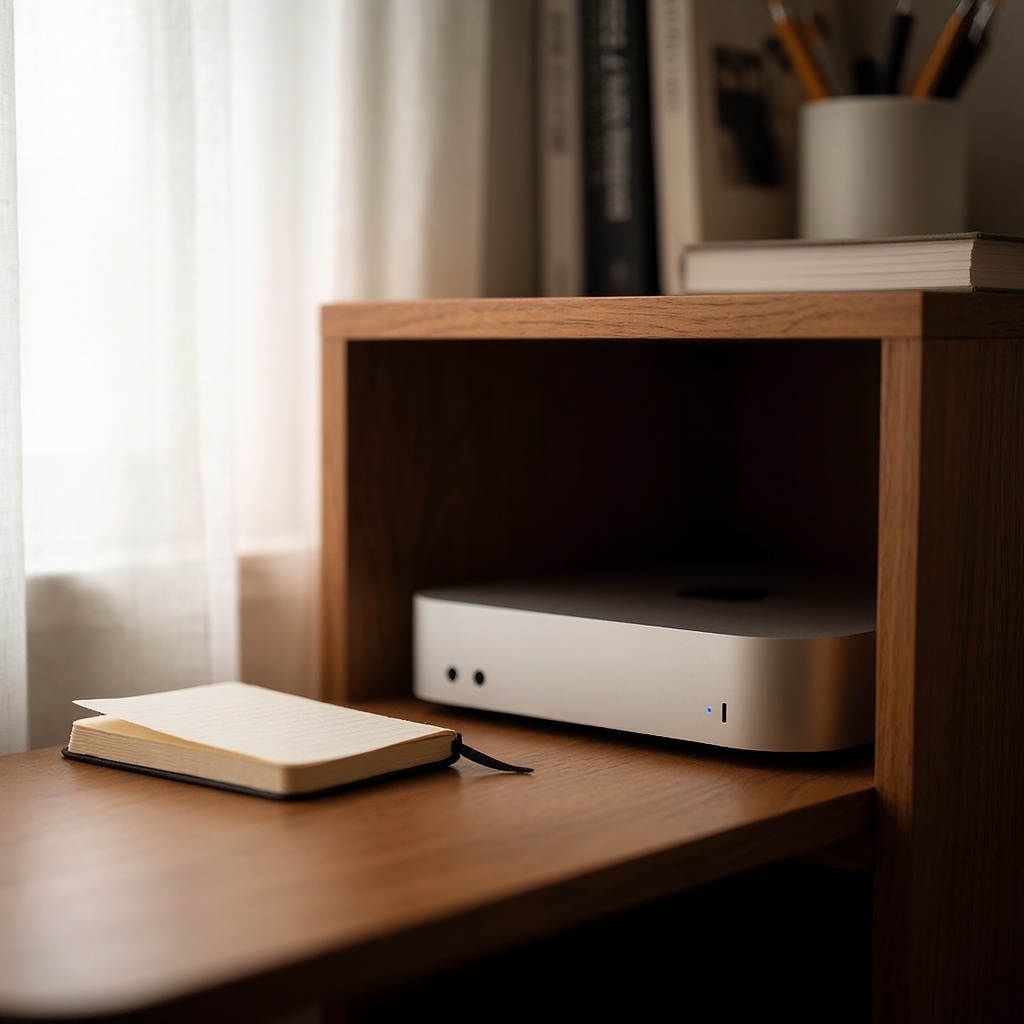 Un Mac mini (puce Apple Silicon) installé dans un meuble en bois ouvert dans un coin de bureau domestique, éclairé par une lumière douce filtrant à travers des rideaux légers. Le voyant bleu clignote discrètement, tandis qu’un carnet fermé à proximité évoque le travail invisible mais rentable. ---