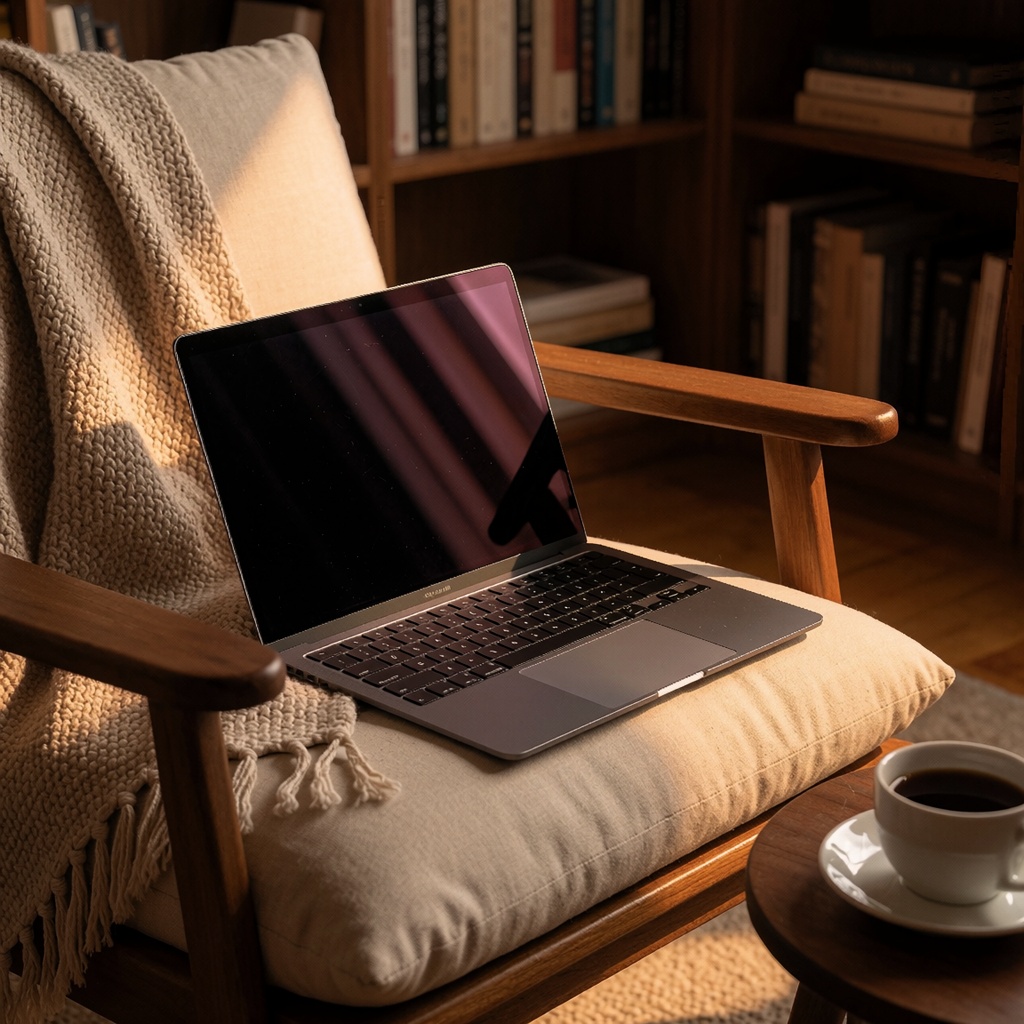 Transformez vos vieux Macs en fermes d’IA rentables avec Darkbloom — image3 Un MacBook Air (puce Apple Silicon) posé sur un coussin de fauteuil dans un salon chaleureusement éclairé, son écran reflétant la lumière douce sur le tissu. Une tasse de café sur une table basse à proximité évoque un équilibre entre détente et rentabilité discrète. ---