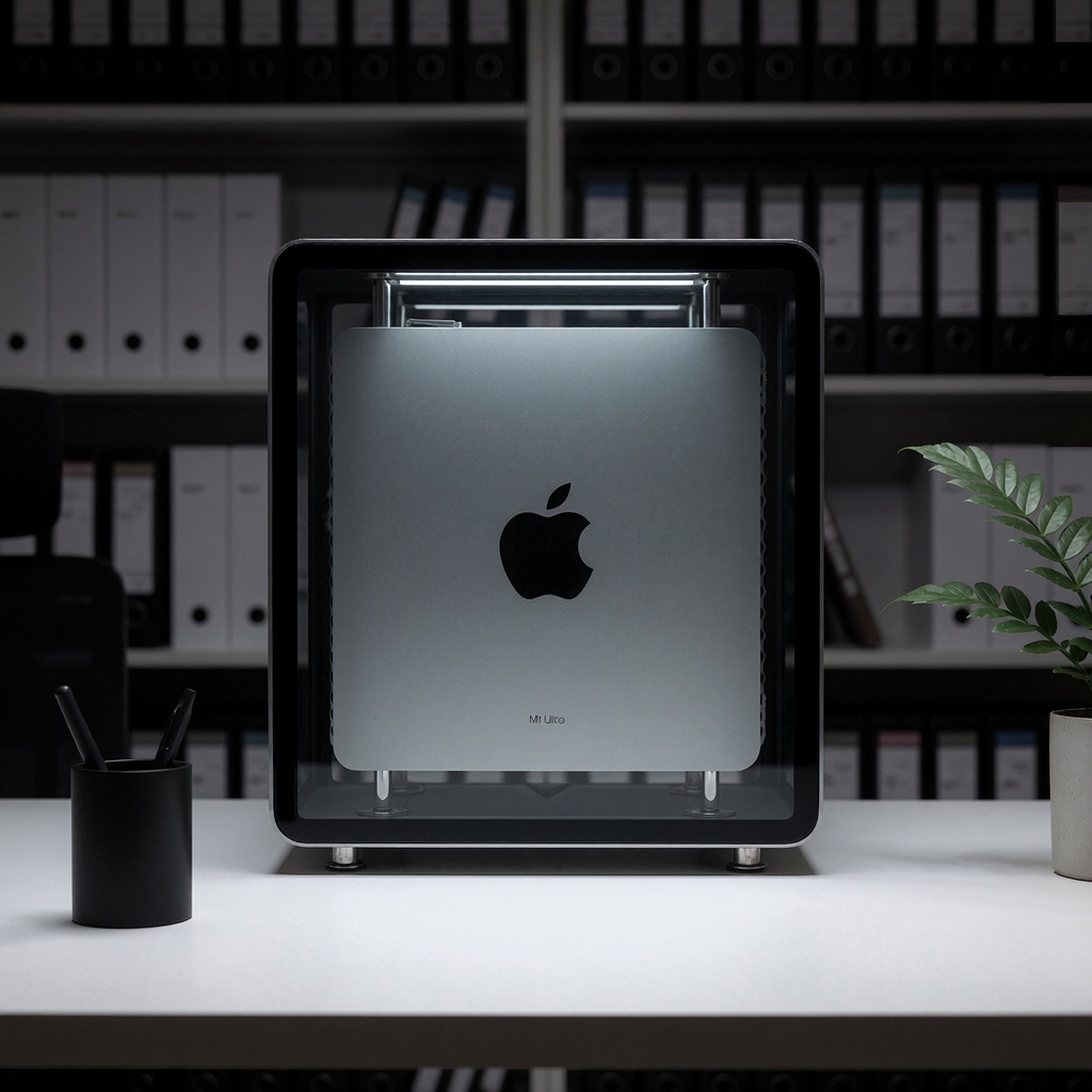 Un Mac Pro (puce Apple Silicon Ultra) installé dans une vitrine en verre clair dans un espace de travail épuré, éclairé par une lumière précise. Un bureau blanc avec un porte-stylo et une petite plante symbolisent l’efficacité et la croissance future des technologies partagées. ---