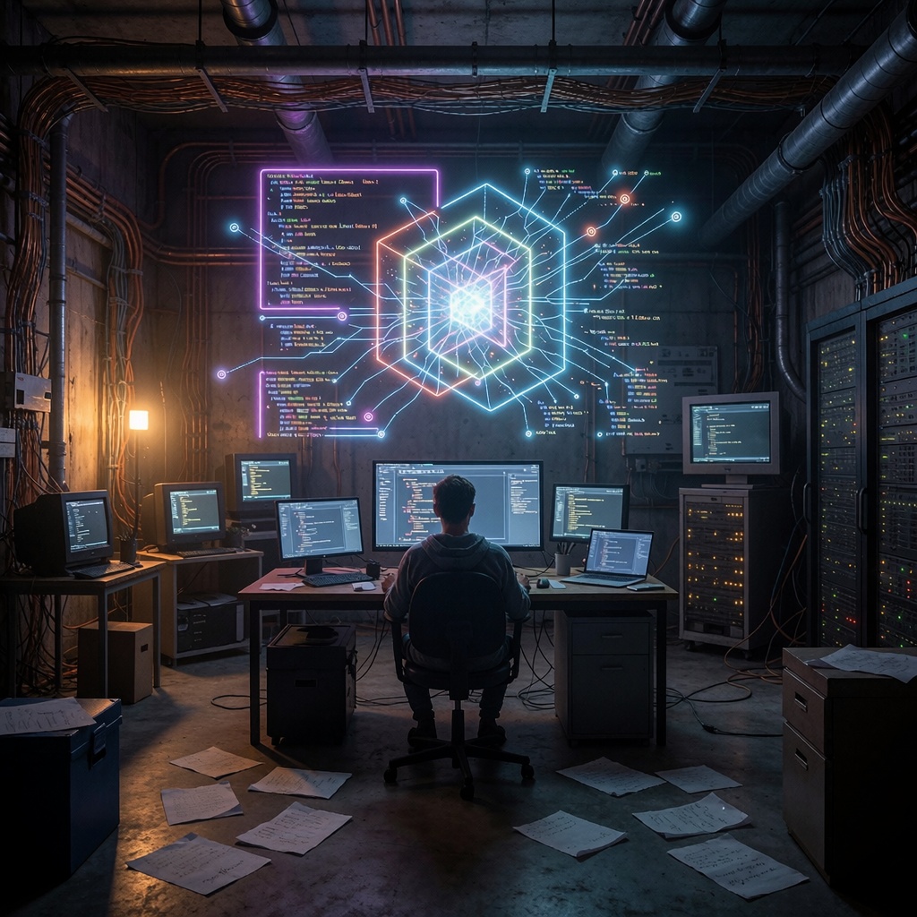 Un serveur industriel plongé dans une pénombre bleutée, avec des câbles en cuivre apparents et des écrans de terminal clignotants affichant des extraits de code fragmentés. Un développeur isolé, penché sur un écran haute résolution, est entouré de feuilles volantes avec des équations manuscrites et des suggestions de correctifs générées par IA. Une projection géométrique abstraite du noyau Linux entrelacé avec des nœuds de réseau neuronal flotte au-dessus de son bureau, projetant des ombres sur le sol en béton. La lumière chaude des moniteurs CRT vintage contraste avec la lueur froide des ordinateurs portables modernes. ---