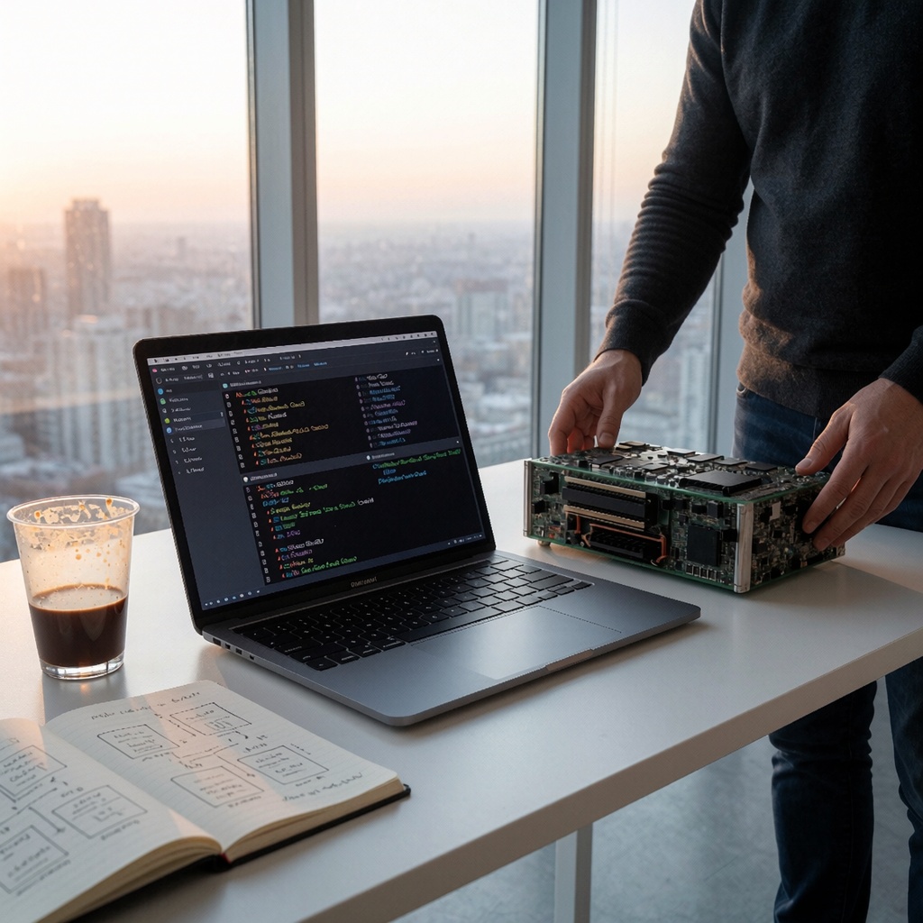 Un bureau minimaliste éclairé par une lumière naturelle douce filtrant à travers de grandes fenêtres donnant sur un coucher de soleil urbain. Un développeur se tient devant un prototype de matériel open-source—peut-être un GPU compact ou un nœud serveur modulaire—tandis que l’écran de leur ordinateur portable affiche des logs du noyau optimisés, avec des métriques de performance et des optimisations réseau mises en évidence en vert et bleu vif. À proximité, une tasse de café à moitié vide est posée près d’un carnet rempli de schémas soignés des interactions CPU-GPU. ---