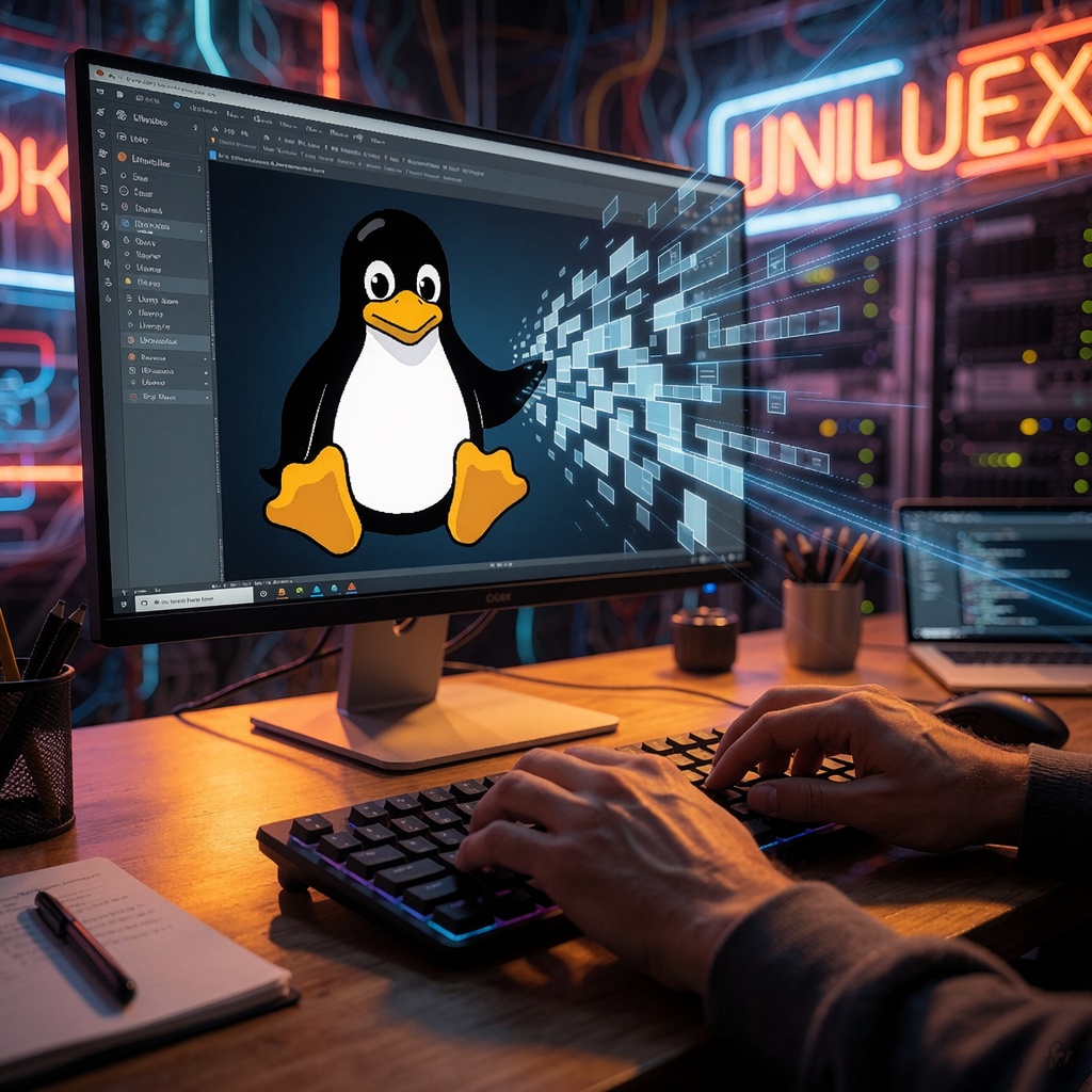 Une image dynamique au style montage montrant les mains d’un développeur frappant rapidement sur un clavier tandis que l’écran alterne entre une mascotte humoristique de Linux (Tux le manchot) et une visualisation fragmentée du noyau. L’arrière-plan mélange des enseignes néon futuristes et des baies classiques de serveurs, illustrant la dualité entre tradition et innovation dans le développement open-source. Une lumière cinématographique chaude projette des ombres dramatiques sur le bureau, évoquant un sentiment d’urgence et d’excitation—comme se tenir au bord d’une frontière technologique. ---