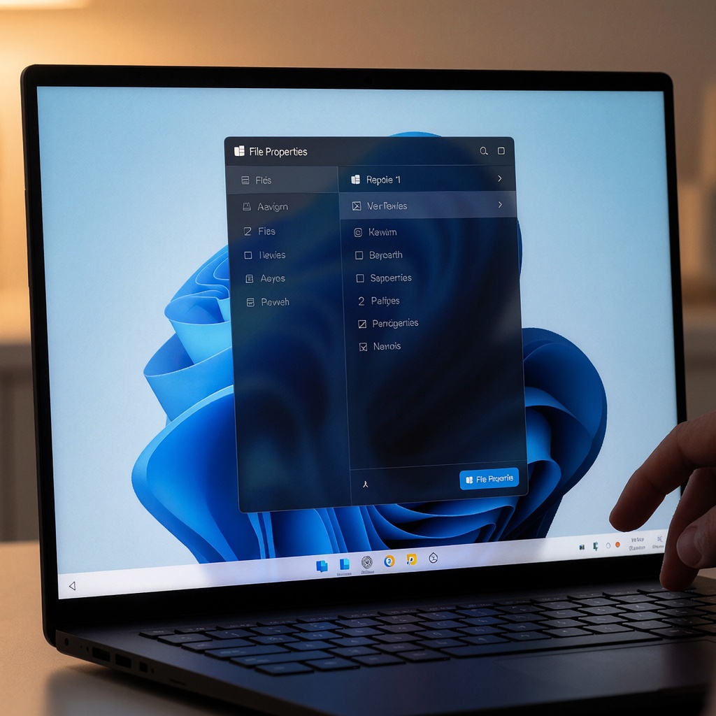 Boîte de dialogue *Propriétés* de fichier réécrite avec WinUI, affichée en mode sombre sur un bureau Windows 11 moderne, éclairé par une lumière douce et bleue pour mettre en valeur les animations fluides et l’ergonomie épurée. ---