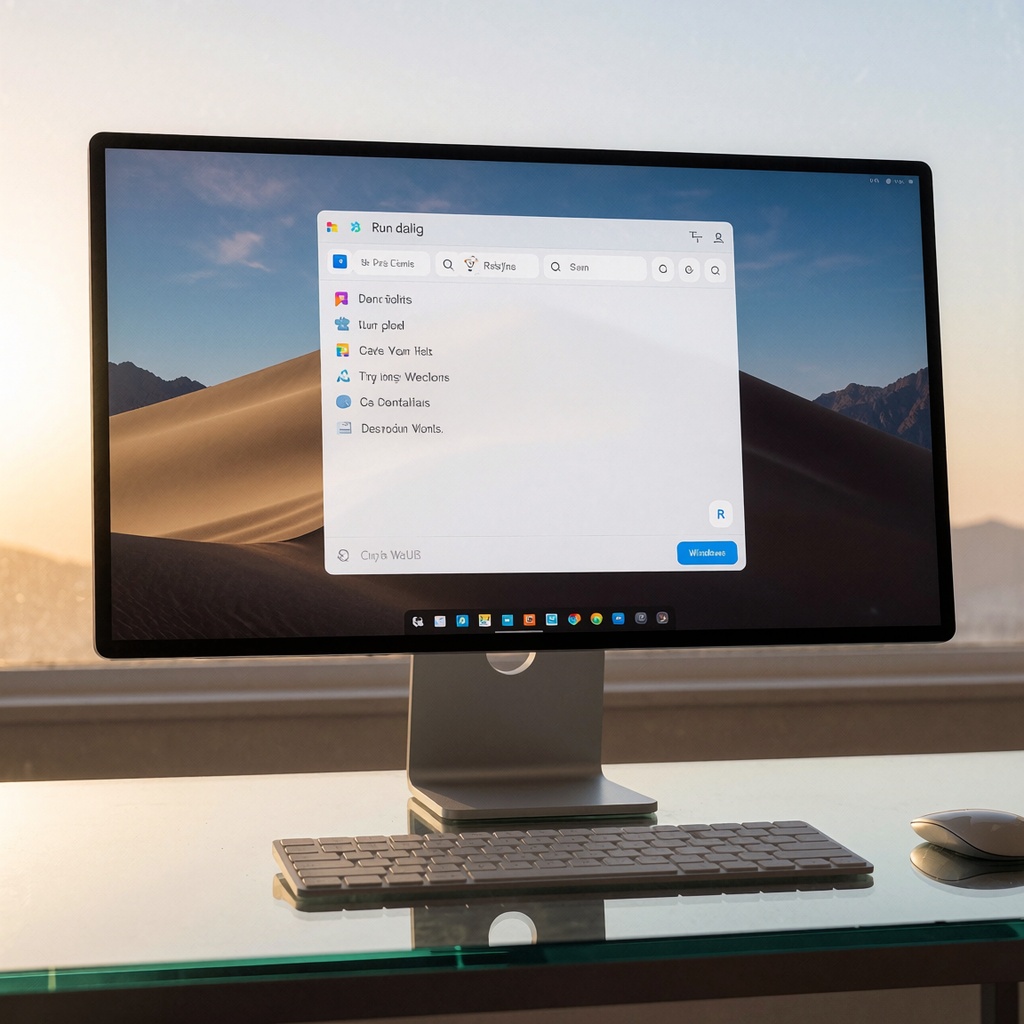 Microsoft redessine Windows 11 avec WinUI : une interface enfin fluide et moderne — image3 Fenêtre *Exécuter* modernisée avec WinUI, ouverte sur un bureau épuré et éclairé par une lumière douce, mettant en avant ses icônes d’applications et son interface fluide intégrée à la barre des tâches. ---