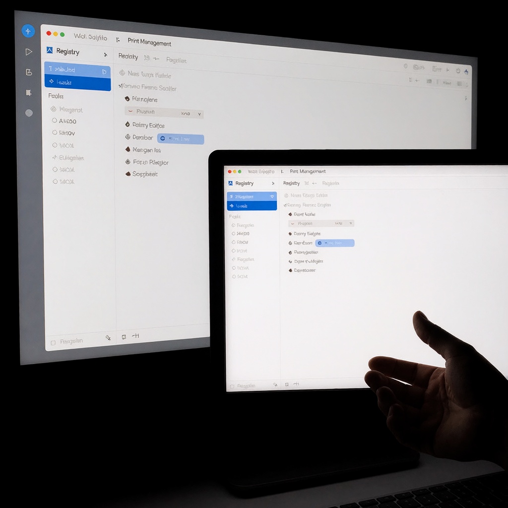 Éditeur de registre Windows refondu avec WinUI, affiché sur un écran professionnel éclairé par une lumière ciblée, mettant en avant sa simplicité et son accessibilité modernisée. En arrière-plan, une fenêtre *Gestion des impressions* complète l’harmonie du design unifié. ---
