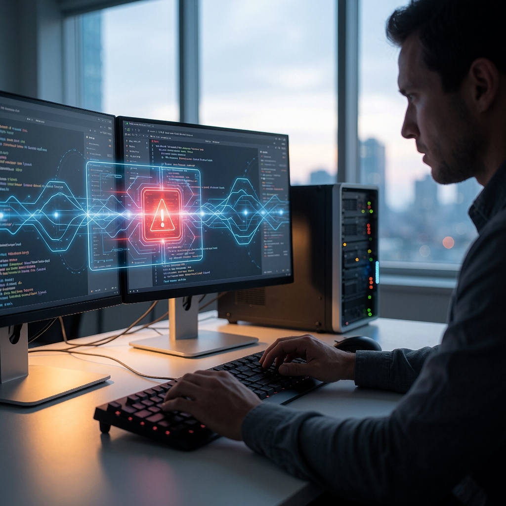 Un analyste en cybersécurité penché sur deux écrans dans un bureau moderne aux baies vitrées, éclairé par une lumière naturelle tamisée. Un hologramme semi-transparent met en évidence des failles de sécurité sous forme de lignes d’énergie bleues pulsantes sur l’un des moniteurs. L’ambiance est tendue et professionnelle. ---