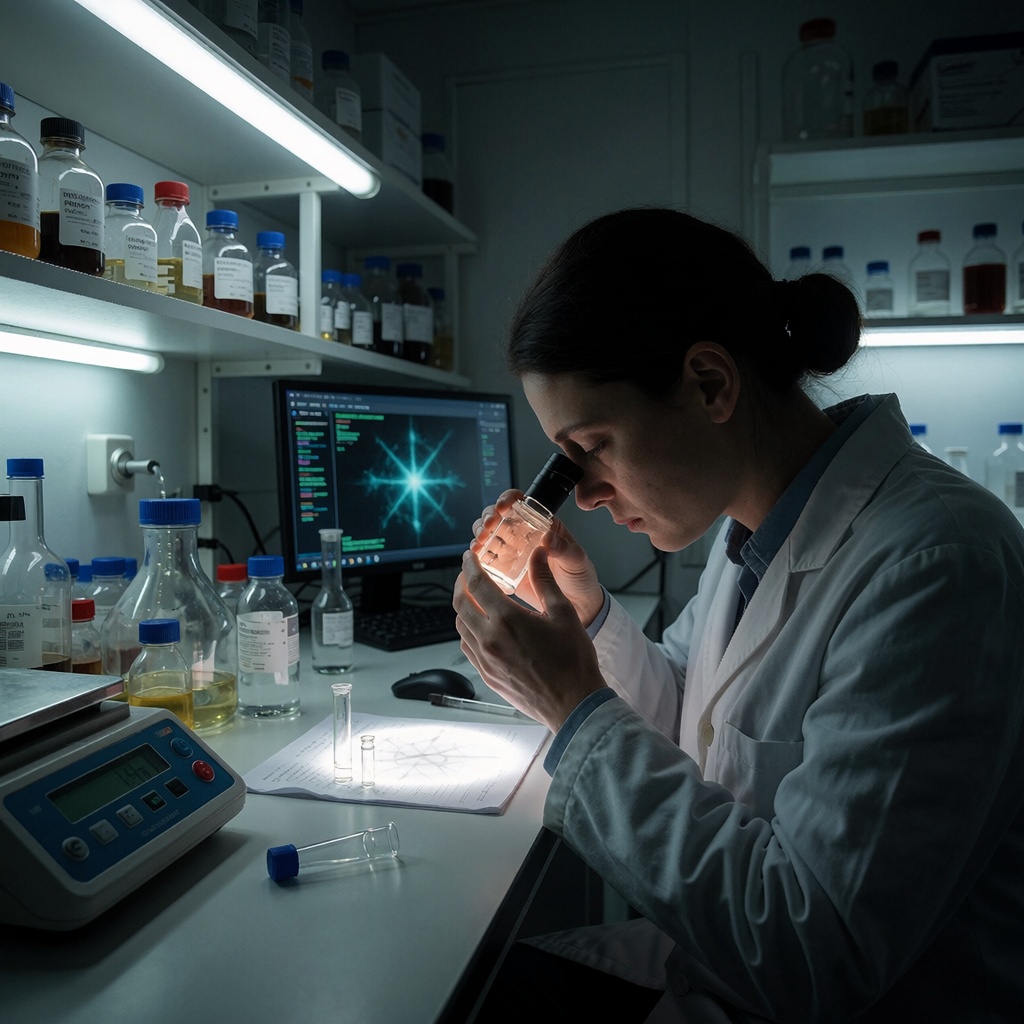 Un laboratoire éclairé par des néons clignotants où un scientifique examine une fiole sous une loupe. Des étagères remplies de produits chimiques et des écrans affichant des données cryptées créent une atmosphère à la fois rigoureuse et tendue. ---