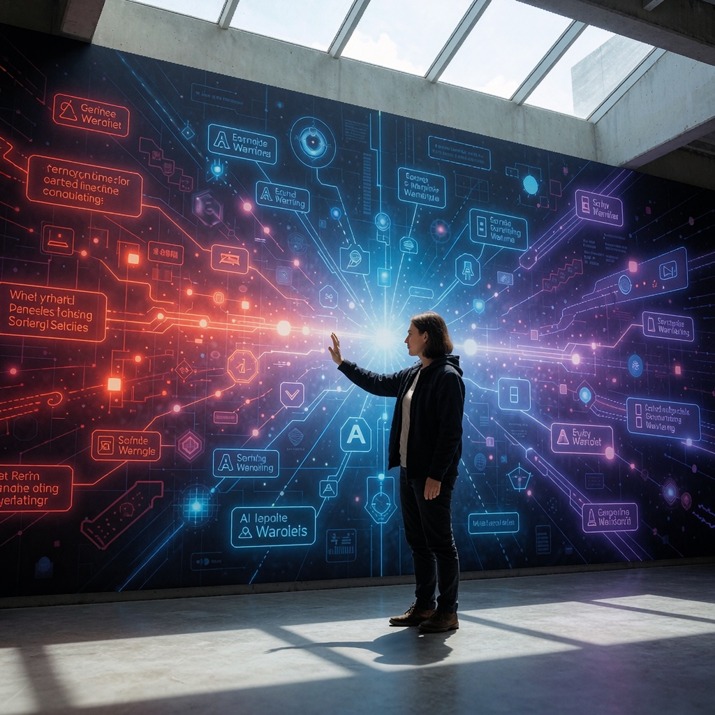 Une personne face à un mur numérique abstrait affichant des alertes et flux de données en temps réel. Elle fait un geste d’ouverture de la main comme pour refuser une proposition invisible, sous une lumière naturelle tamisée qui souligne l’ambiguïté du choix entre sécurité et innovation. ---
