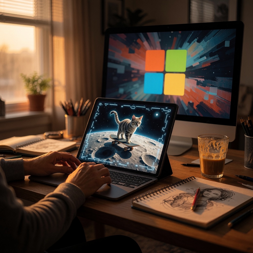 Un bureau à domicile baigné de lumière dorée en fin d’après-midi, où un artiste examine une création IA sur tablette : un chat skateur sur la Lune. Des lignes bleutées presque imperceptibles, comme des filigranes numériques invisibles, entourent l’image. En arrière-plan, un fond mural discret suggère Microsoft sans être visible. ---