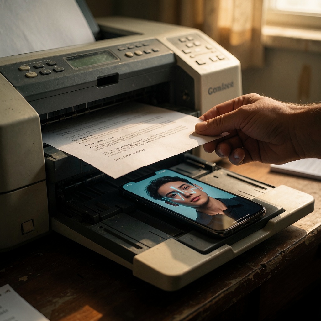 Un scanner des années 2000 éclairé par une lumière froide, où un smartphone affiche une image IA avec un filigrane numérique discret. La comparaison entre l’ancienne technologie et la traçabilité moderne est suggérée par les ombres et la lumière tamisée. ---