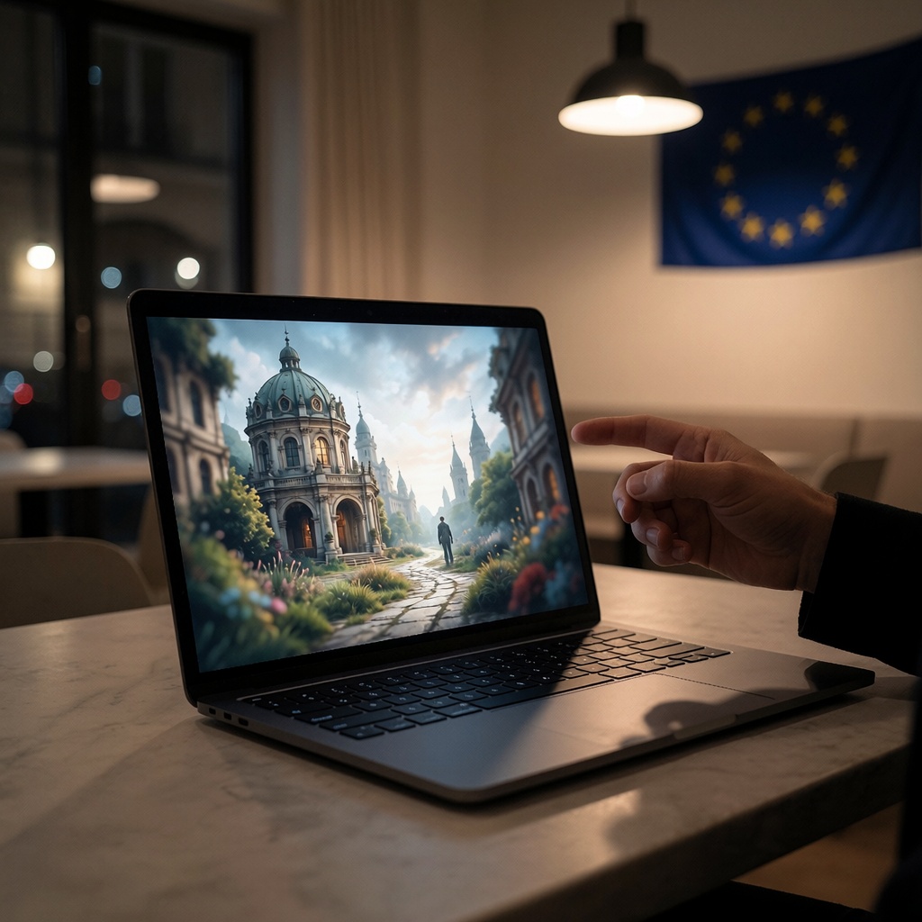 Microsoft watermarks vos créations IA avec des identifiants uniques : et si votre image vous trahissait ? — image3 Un café parisien ou berlinois la nuit, éclairé par une lumière douce, où un ordinateur portable affiche une illustration IA floue. Une main indique l’image comme si elle soulignait le filigrane numérique caché, tandis qu’un drapeau européen en arrière-plan évoque les règles européennes sur la transparence. ---