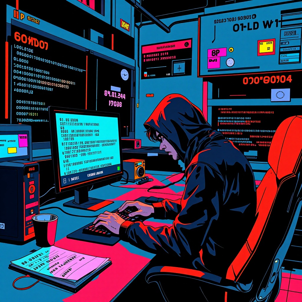 Un expert analyse des fragments de code malveillant sur un écran, entourée d’éléments cryptés et d’adresses IP suspectes dans une pièce plongée dans une lumière bleutée. ---