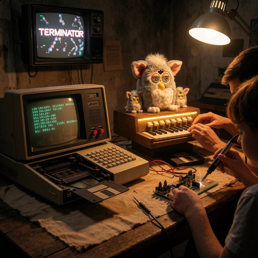 Atelier-musée baigné d’une lumière chaude et tamisée où un ordinateur des années 70 à disque dur métallique émet un bruit de