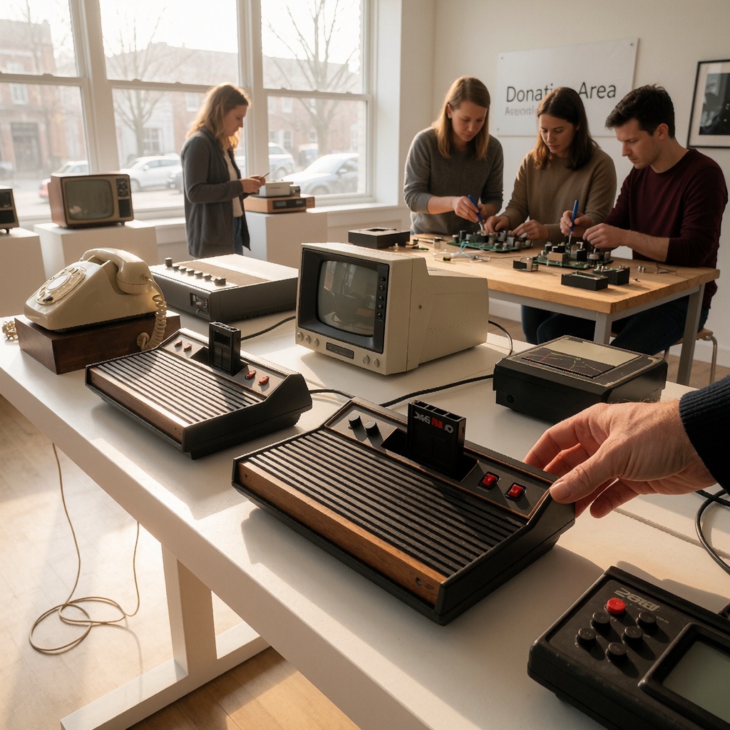 Le Museum is (Not) Obsolete : quand les objets rétro deviennent des légendes interactives — image3 Galerie lumineuse où la lumière naturelle traverse de grandes fenêtres sur des étagères blanches exposant des objets rétro : un ZX Spectrum intact, une console Atari 2600 ouverte, et un téléphone à cadran posé sur un pied en bois. Un groupe examine une planche de circuit en cours d’assemblage, tandis qu’un panneau discret indique une zone de donation. ---
