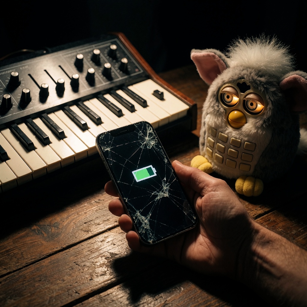 Plan serré d’une main tenant un smartphone ancien et endommagé, posé à côté d’un synthétiseur des années 70 allumé en arrière-plan. Un orgue Furby, éclairé par une lumière dorée, attend d’être joué sur une table en bois patiné. ---