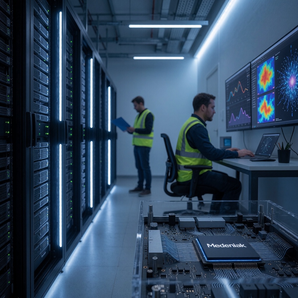 Un couloir de salle informatique moderne éclairé en bleu, mettant en valeur des baies de serveurs refroidis par des systèmes sophistiqués. En premier plan, une puce ASIC MediaTek montée sur un circuit imprimé, entourée d’un boîtier transparent révélant sa structure interne. À l’arrière-plan, des techniciens en vestes réfléchissantes travaillent discrètement, tandis qu’un écran affiche des visualisations d’entraînement IA (cartes thermiques, réseaux de neurones) sans texte. ---