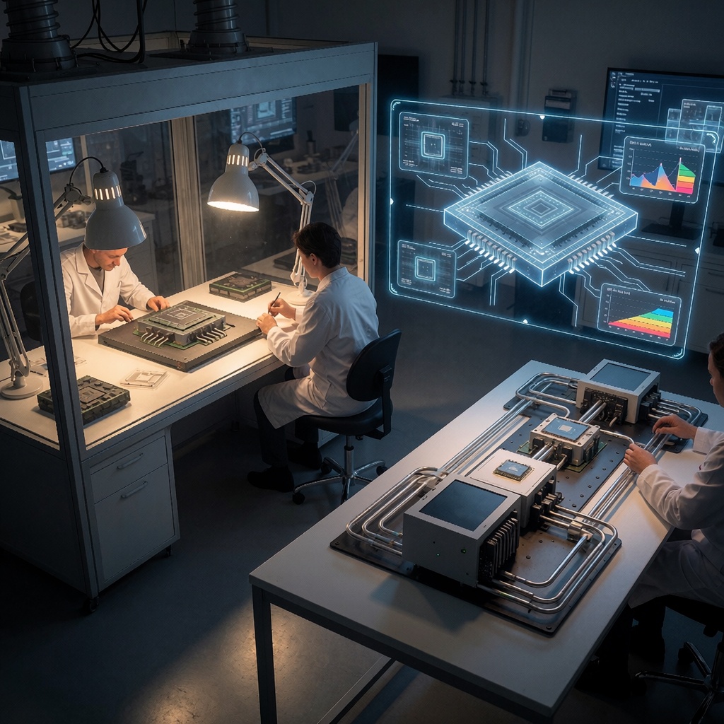 Vue aérienne d’un laboratoire R&D futuriste avec des cloisons en verre observables. Des chercheurs en blouses blanches manipulent des prototypes de puces ASIC sur des postes de travail sous éclairage dirigé. Un écran holographique (sans texte) affiche un modèle 3D d’accélérateur IA entouré de schémas et graphiques d’efficacité énergétique. Sur une table, une plateforme tout-en-un prototype avec refroidissement intégré et composants modulaires. L’éclairage est à la fois chaleureux et clinique. ---